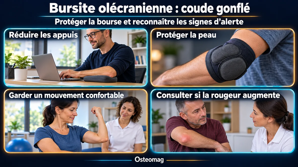 Quatre scènes : adaptation des appuis au bureau, protection rembourrée du coude, mouvement confortable et consultation devant une rougeur.