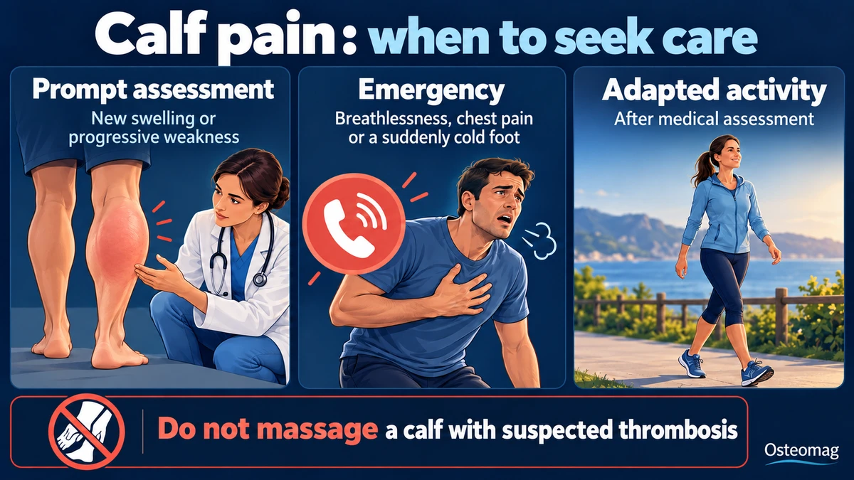 Calf pain: swelling or weakness requiring assessment and symptoms requiring emergency care.