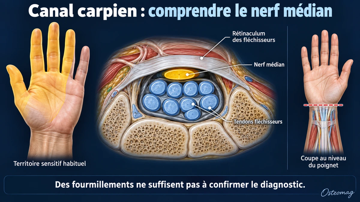 Coupe schématique du canal carpien montrant le nerf médian sous le rétinaculum et les neuf tendons fléchisseurs