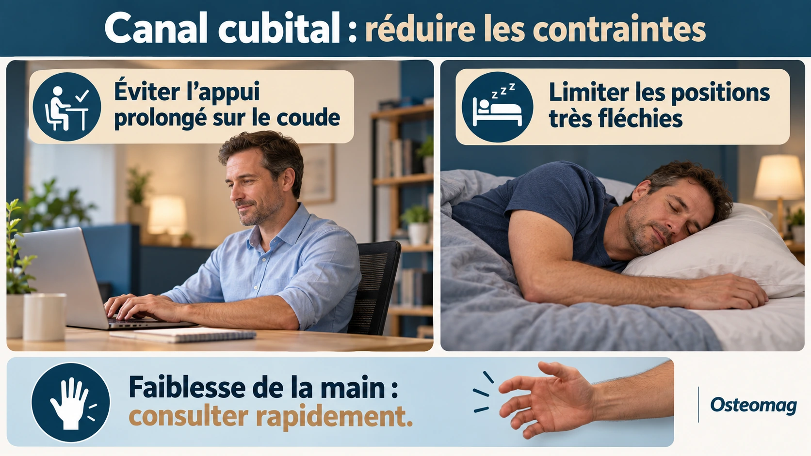 Posture de travail et position de sommeil illustrant la réduction des appuis et de la flexion prolongée du coude.
