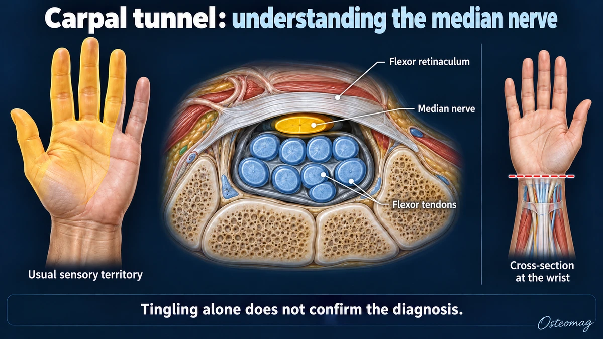 Cross-section of the carpal tunnel with the median nerve, nine flexor tendons and the flexor retinaculum