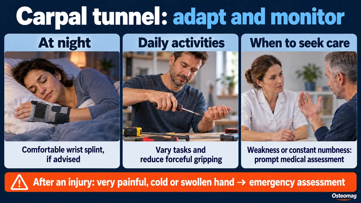 English guidance on night splinting, activity adjustments and warning signs requiring medical assessment