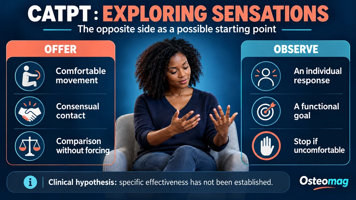 CATPT sensory exploration: offer comfortable movement and consensual contact, observe individual responses and functional goals, and stop if uncomfortable.