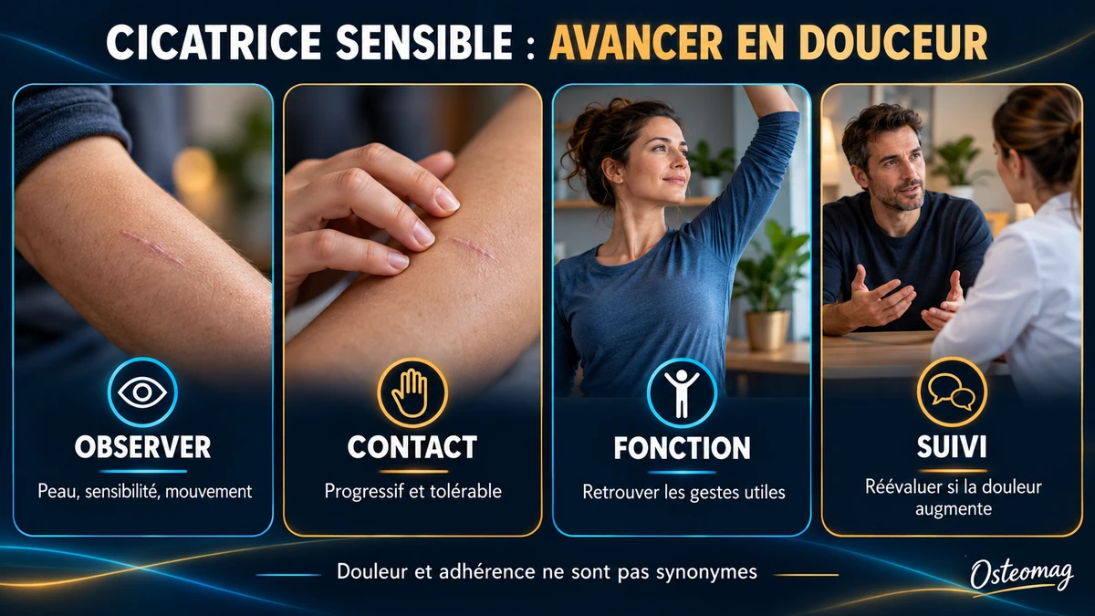 Quatre repères Osteomag pour une cicatrice guérie mais sensible : observer, contact progressif, gestes utiles et suivi.