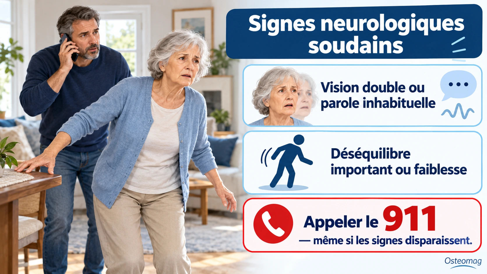 Personne présentant un déséquilibre soudain et des troubles visuels, avec un proche appelant le 911.