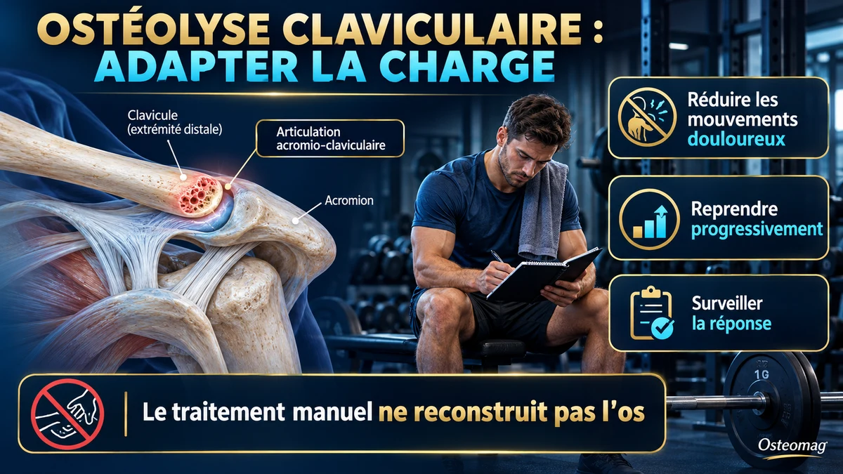 Illustration de la clavicule distale et des principes d’adaptation de l’entraînement : réduire, reprendre progressivement et surveiller la réponse.