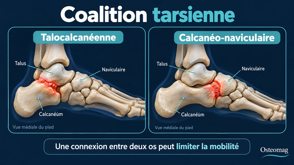 Schémas des coalitions talocalcanéenne et calcanéo-naviculaire et de leur effet sur la mobilité du pied.