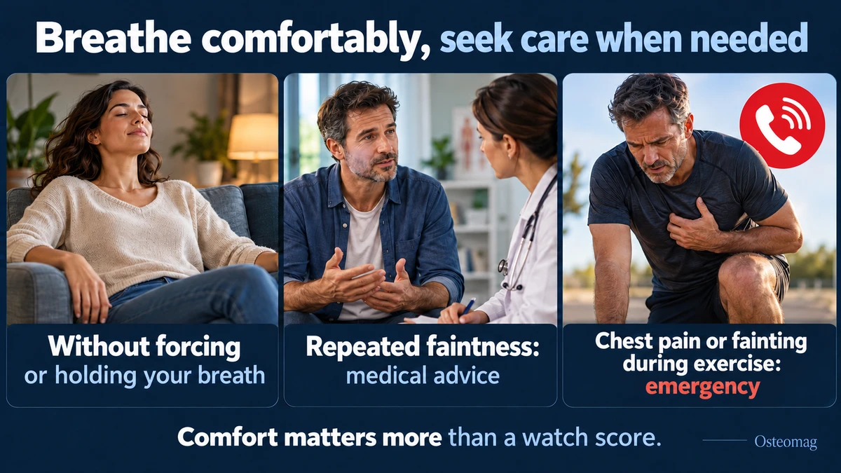 Comfortable breathing, medical advice for repeated faintness and emergency care for chest pain or exertional fainting.