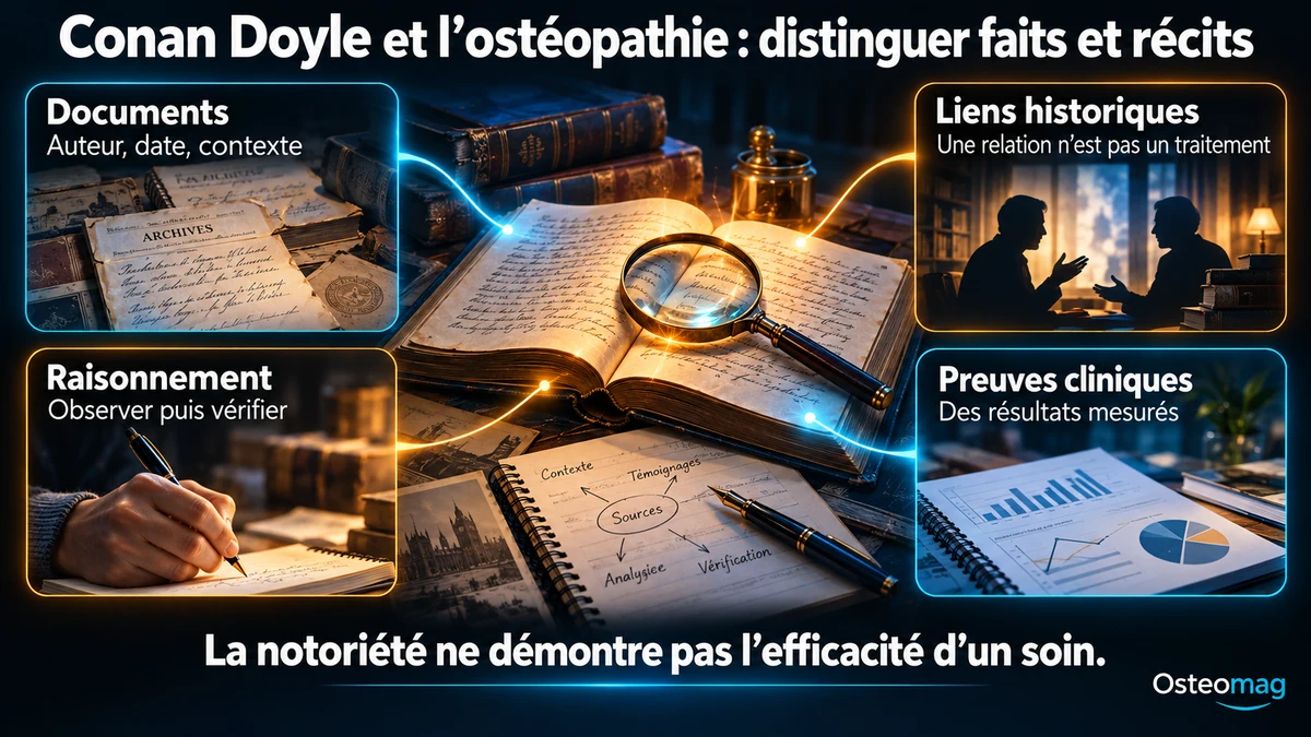Infographie Osteomag : documents, liens historiques, raisonnement et preuves cliniques, illustrés par livres, loupe et carnet.
