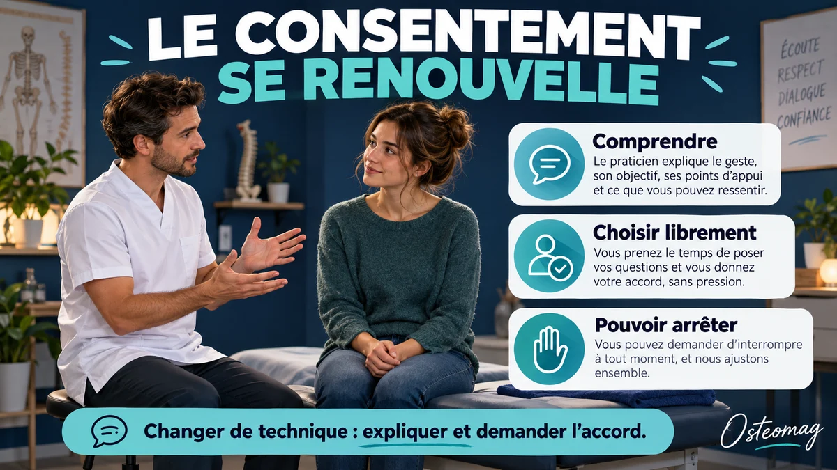 Praticien expliquant un soin à une patiente avant tout contact, avec rappels du droit de choisir et d’arrêter.