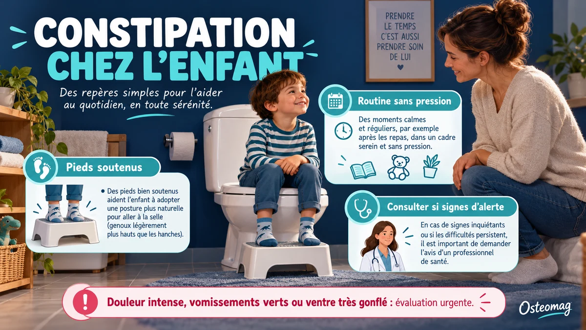 Enfant habillé assis sur une toilette fermée avec repose-pieds, accompagné d’un parent ; repères sur la constipation.