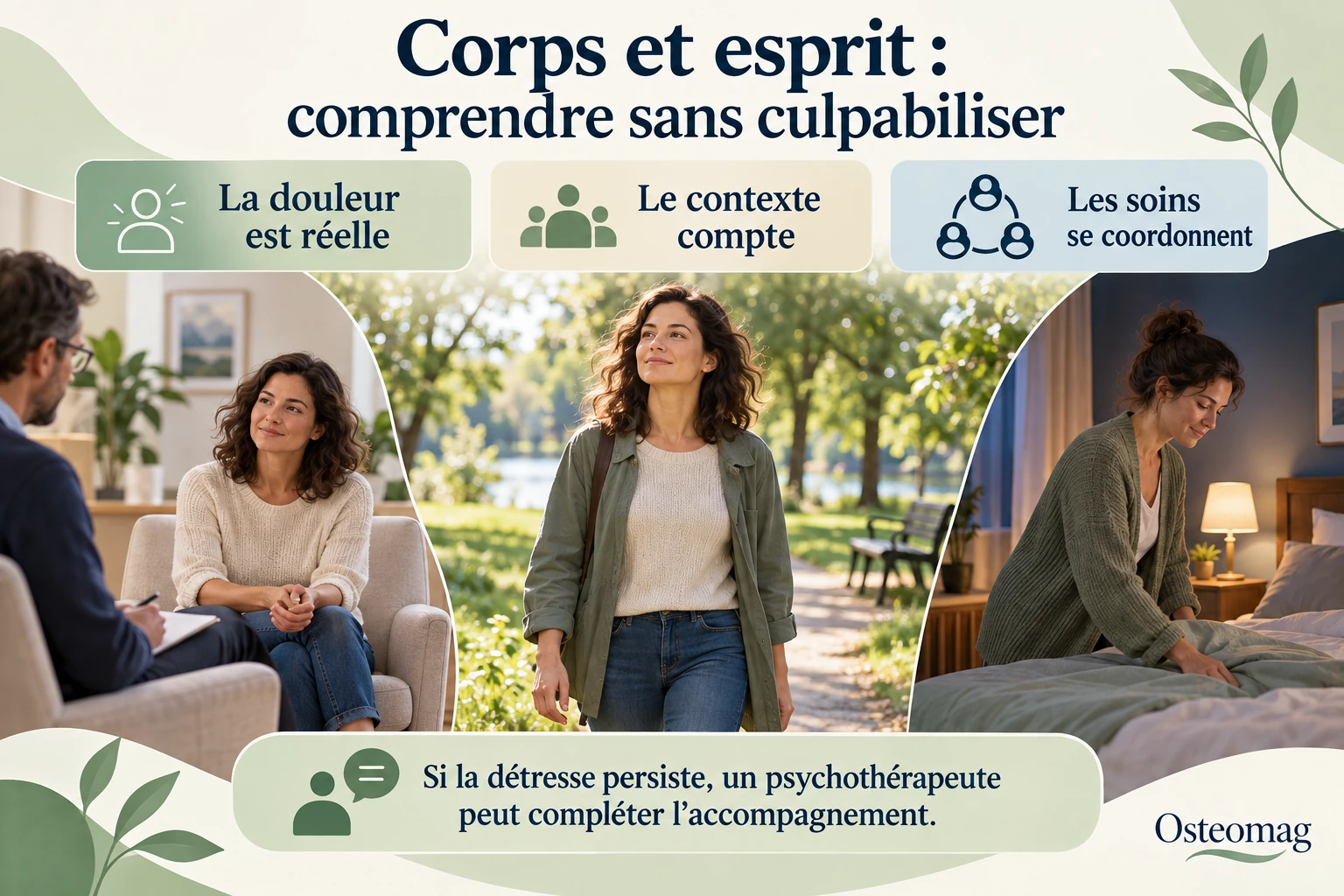 Corps et esprit : reconnaître une douleur réelle, tenir compte du contexte et coordonner les soins, avec référence vers un psychothérapeute si nécessaire ; Osteomag.