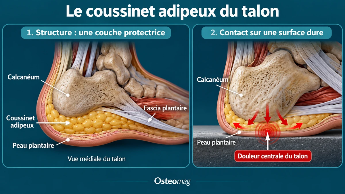 Vue anatomique de la plante du talon et de son coussinet graisseux compartimenté, illustration éducative OsteoMag.