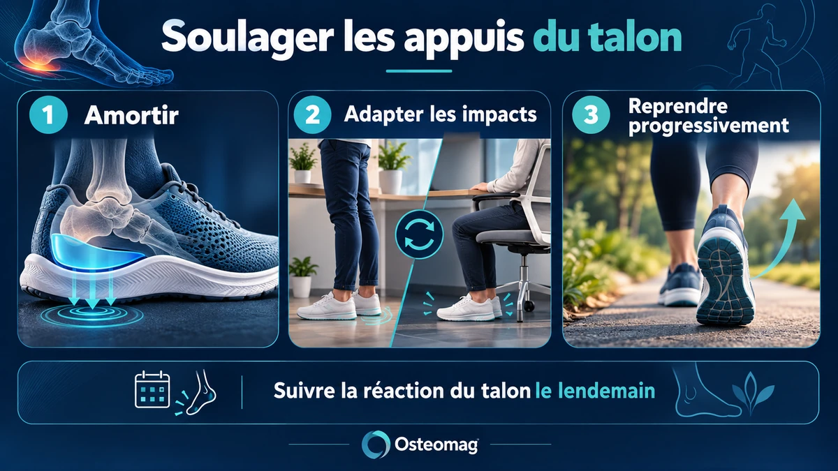 Amortissement, adaptation des impacts et reprise progressive pour une douleur du coussinet du talon.