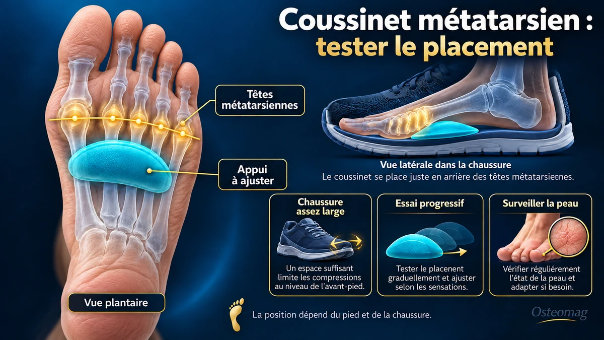 Vue plantaire d’un pied avec un coussinet placé en arrière des têtes métatarsiennes et repères d’ajustement.