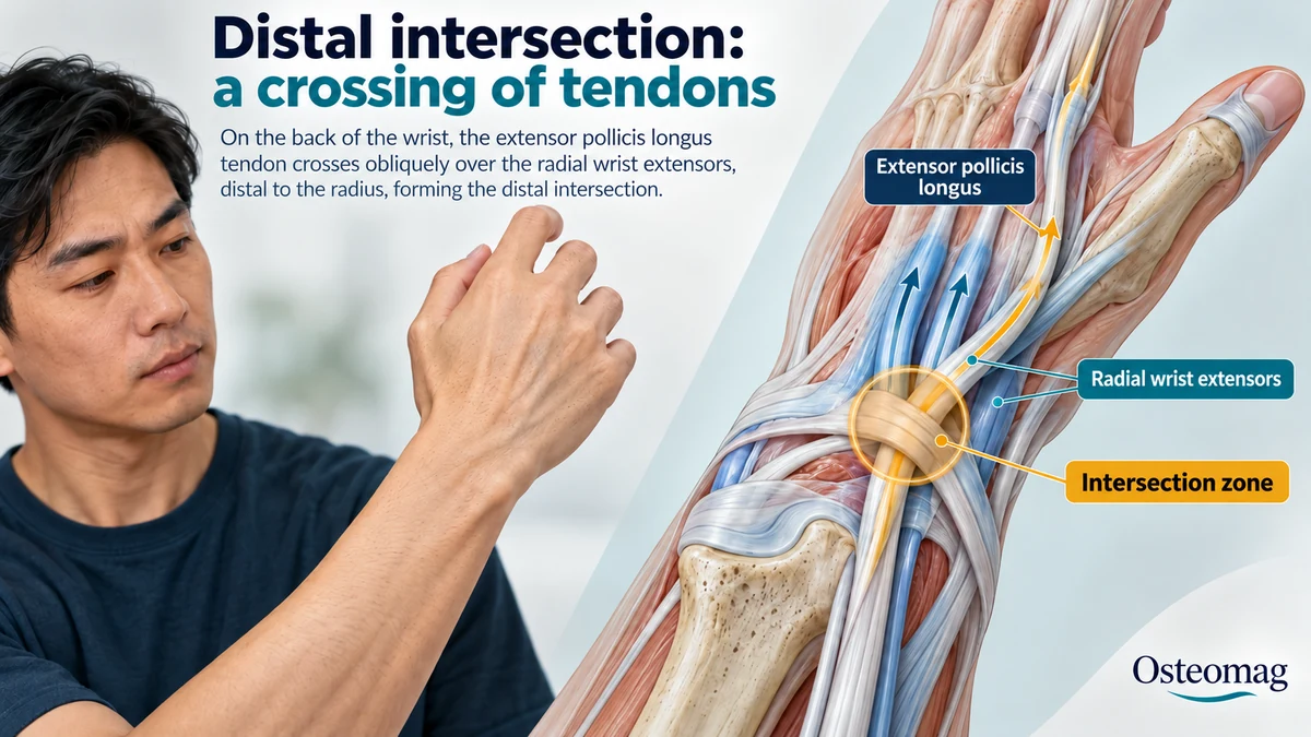 Simplified illustration of the distal crossing of the extensor pollicis longus tendon over the radial wrist extensor tendons.