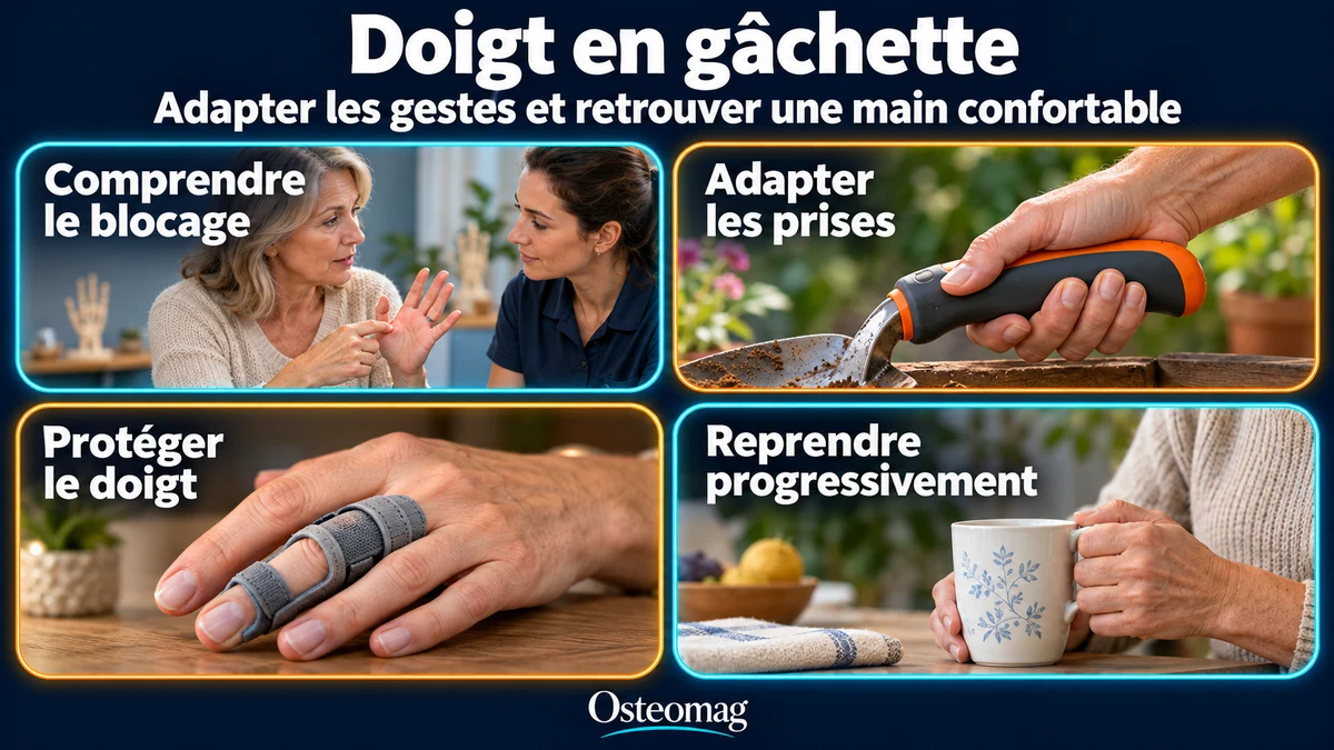 Quatre scènes : description d’un ressaut du doigt, prise d’un outil à manche large, orthèse digitale et reprise d’une tâche légère.