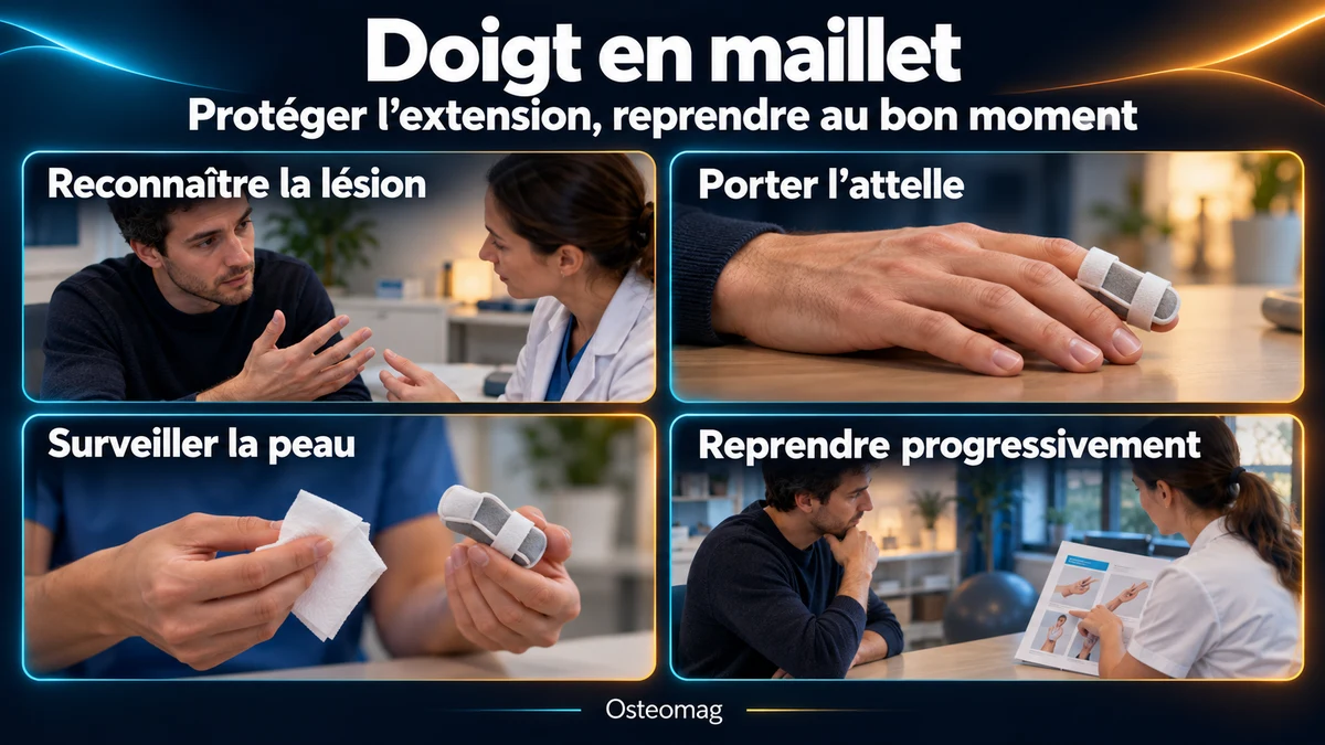 Doigt en maillet : reconnaître la lésion, porter une attelle adaptée, surveiller la peau et reprendre progressivement les activités.