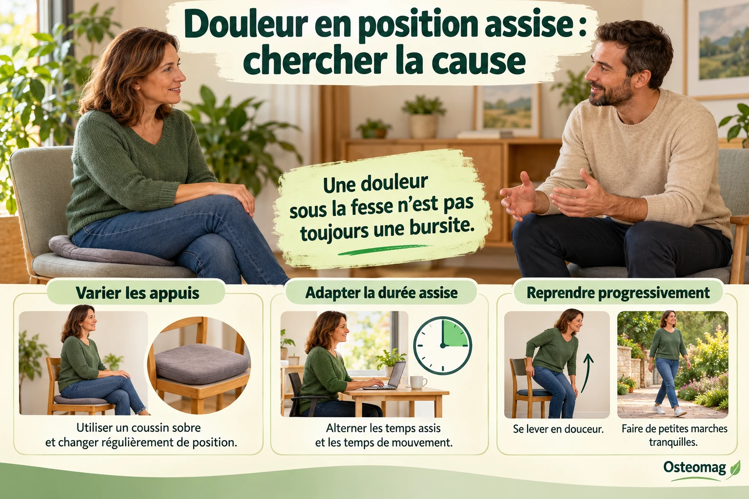 Personnes en consultation et adaptations de l’assise : varier les appuis, la durée assise et reprendre progressivement.