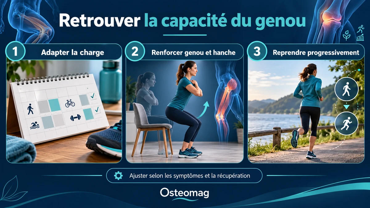 Adapter la charge, renforcer le genou et la hanche puis reprendre les activités progressivement.