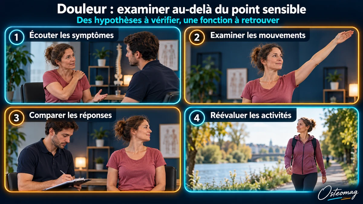 Infographie Osteomag en quatre panneaux : écouter les symptômes, examiner les mouvements, comparer les réponses et réévaluer les activités.