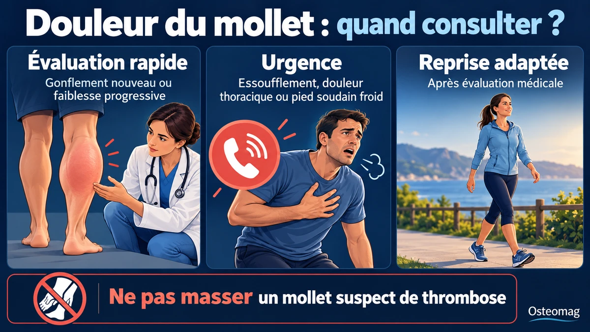 Douleur du mollet : gonflement ou faiblesse nécessitant une évaluation et signes imposant les secours.