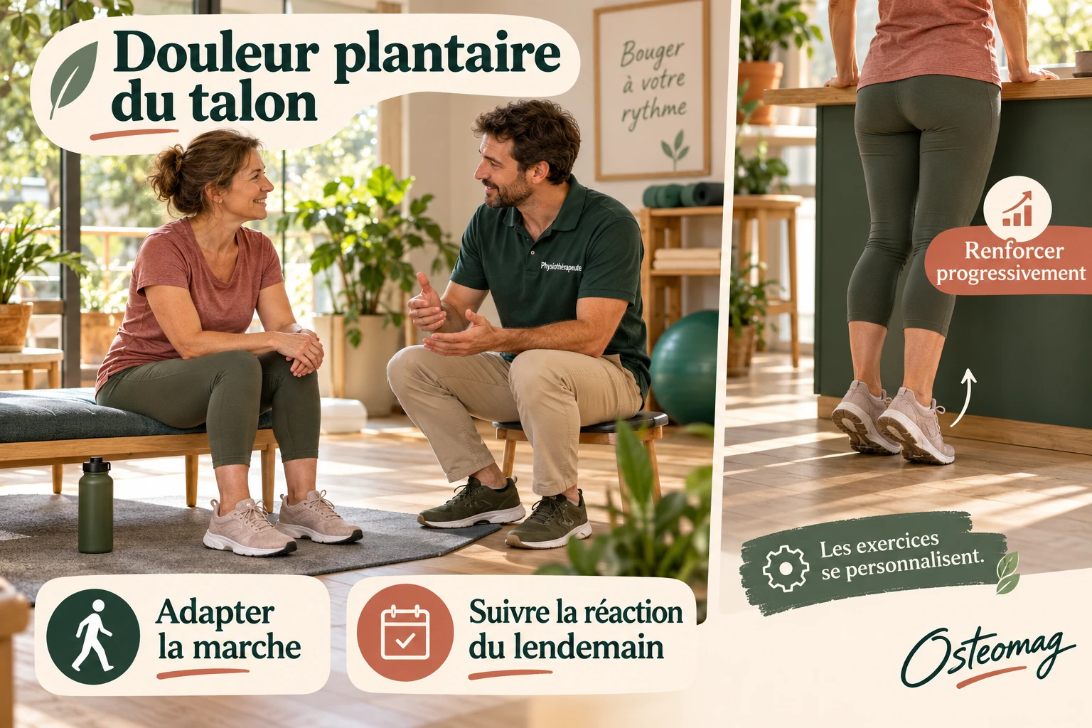 Consultation et montée de talons avec appui, illustrant une reprise personnalisée et le suivi de la réaction du lendemain.