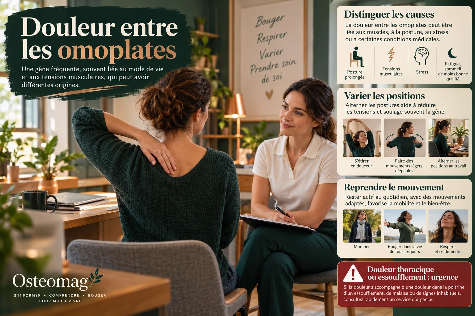 Consultation pour une douleur entre les omoplates, variation des activités et signes thoraciques d’alerte.