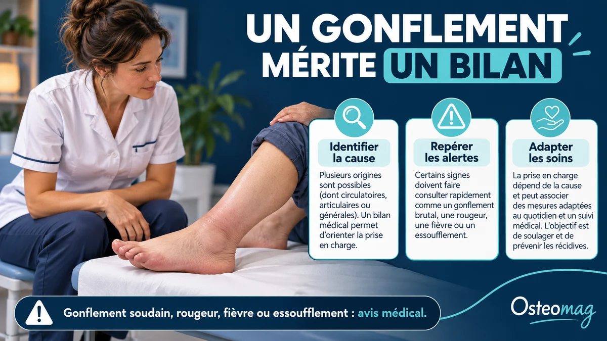 Professionnelle observant une jambe gonflée sans la masser ; rappels sur le bilan et les signes d’alerte.