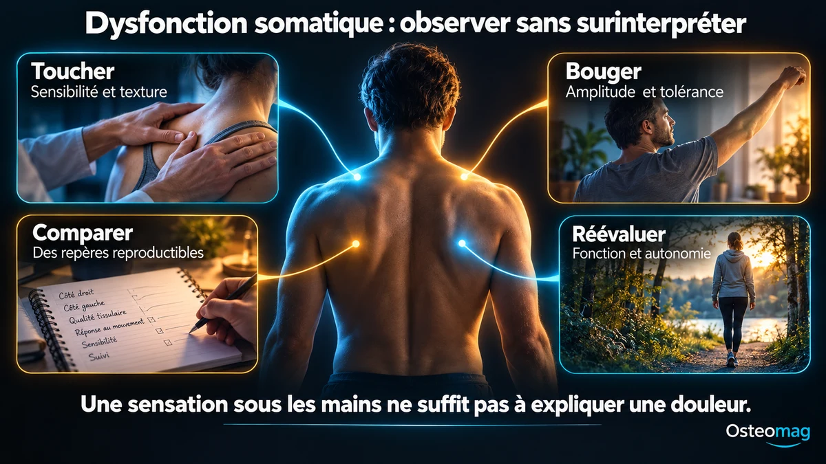 Infographie Osteomag : toucher, bouger, comparer et réévaluer pour distinguer les observations palpatoires de l’explication d’une douleur.