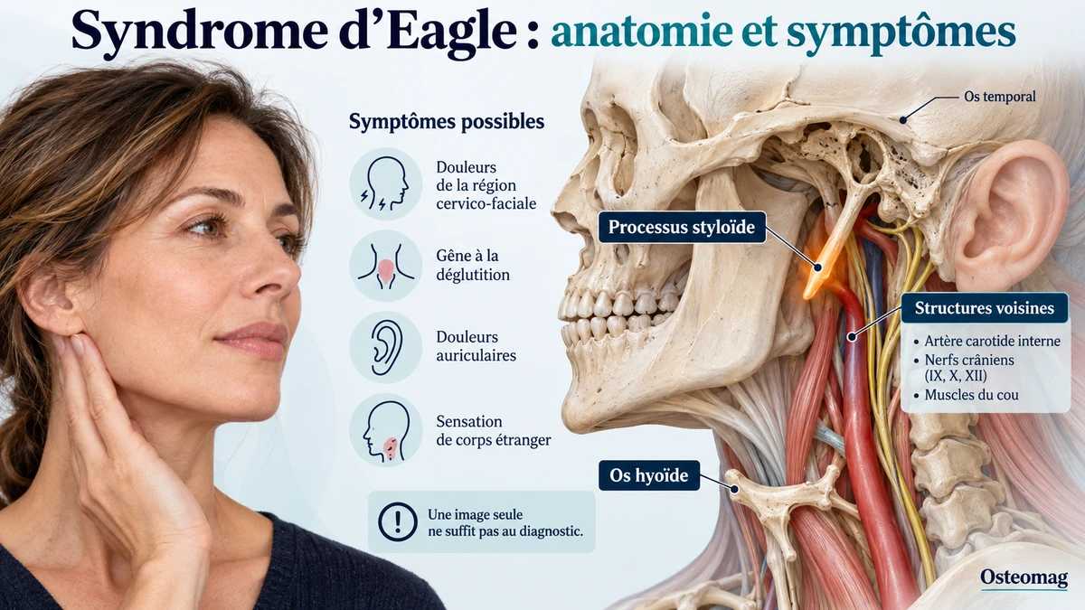 Illustration simplifiée du processus styloïde, de l’os hyoïde et des structures voisines du cou dans le syndrome d’Eagle.