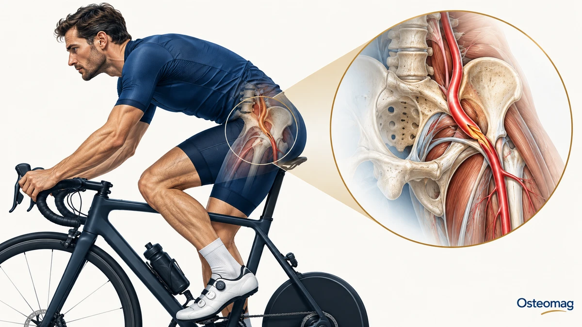 Cycliste et illustration du trajet de l’artère iliaque externe vers la cuisse.