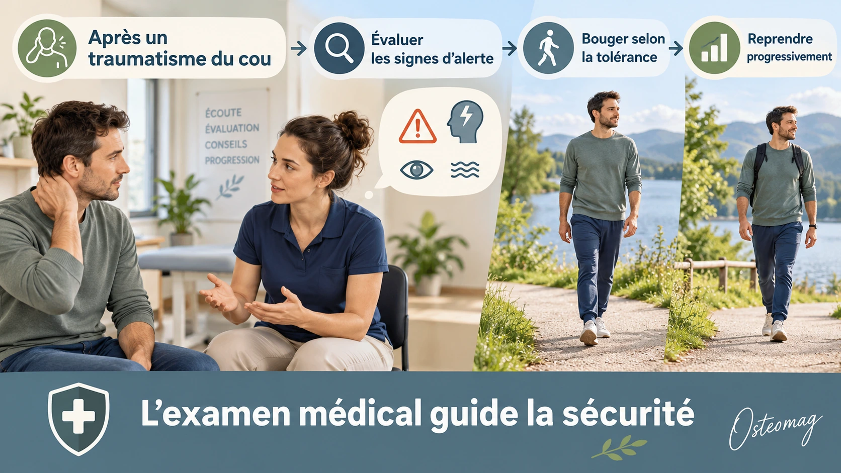 Consultation après traumatisme du cou puis reprise progressive de la marche, guidées par une évaluation de sécurité.
