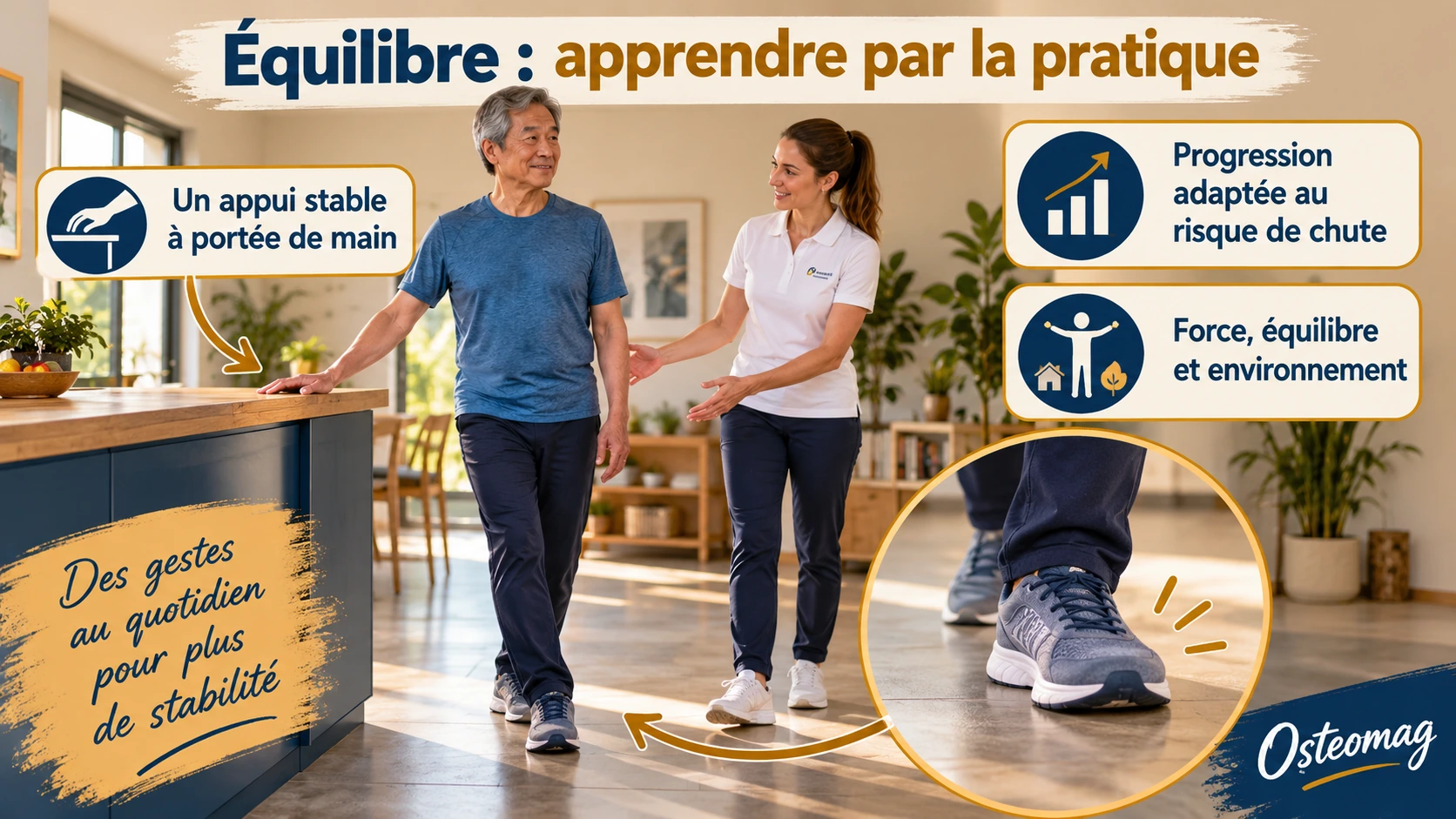 Personne travaillant ses appuis près d’un support stable, avec un professionnel à proximité.