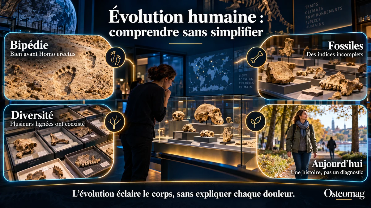 Infographie sur l’évolution humaine : bipédie ancienne, fossiles incomplets, coexistence des lignées et limites pour comprendre la douleur