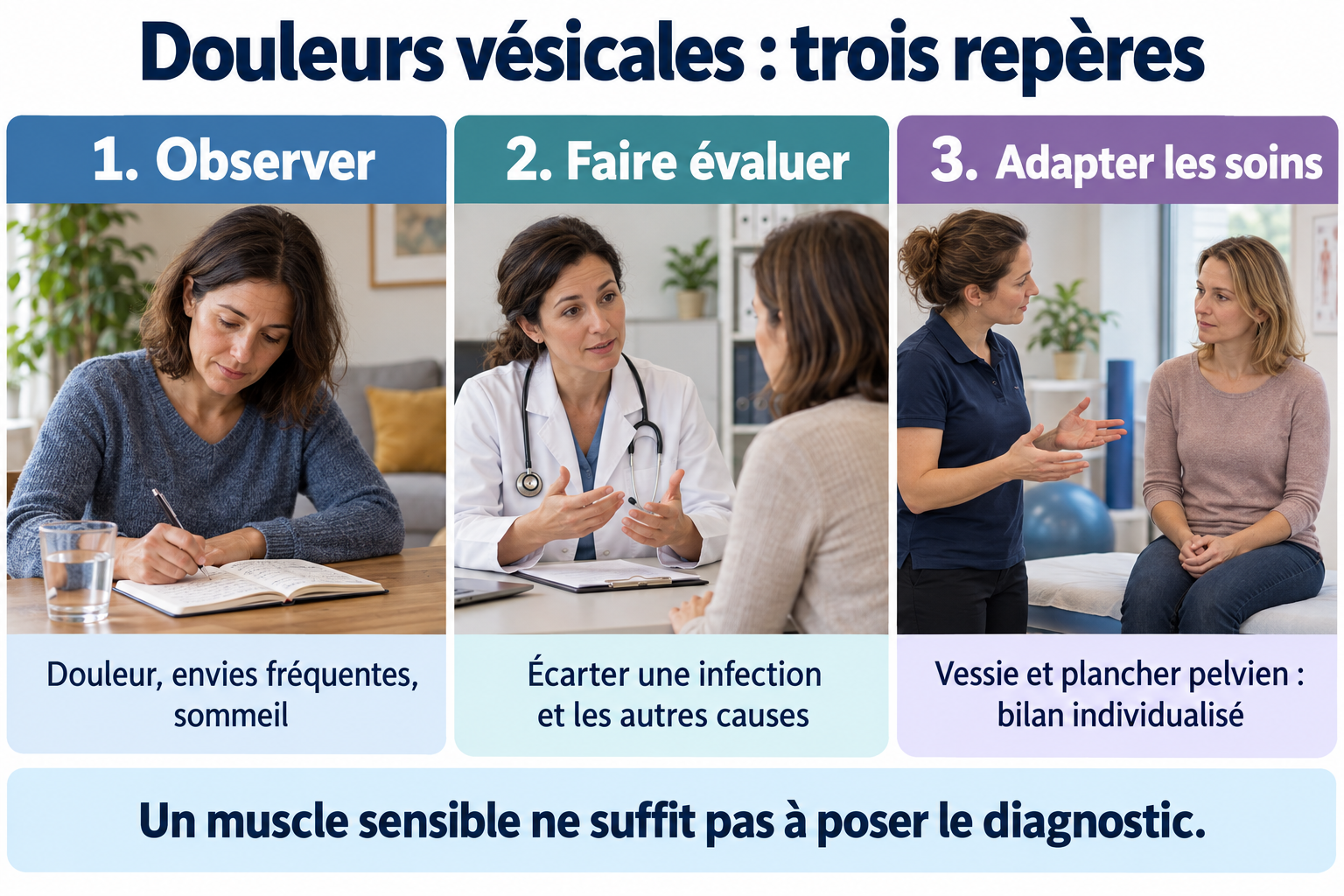 Trois repères face aux douleurs vésicales : observer les symptômes, faire évaluer leurs causes et adapter les soins.