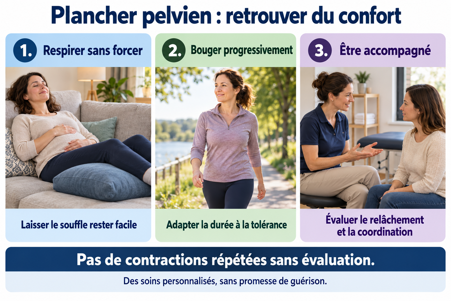 Respiration confortable, marche progressive et accompagnement spécialisé pour un plancher pelvien douloureux.