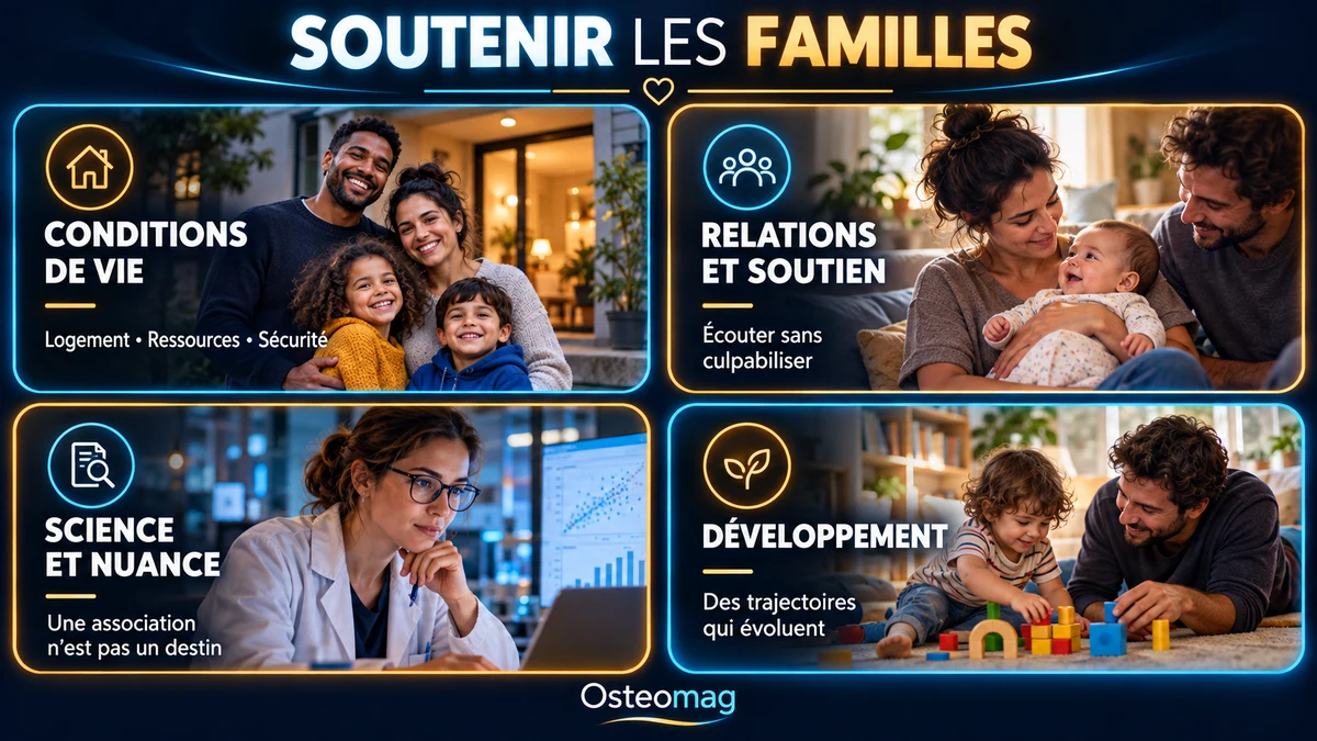 Infographie Osteomag : conditions de vie, relations et soutien, science nuancée et développement de l’enfant.