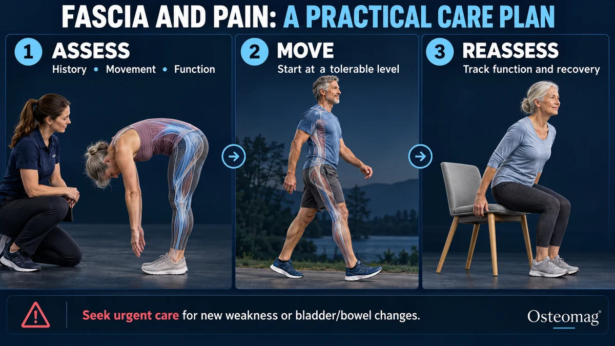Osteomag care plan for fascia and pain: assess movement, begin tolerable activity and reassess function.