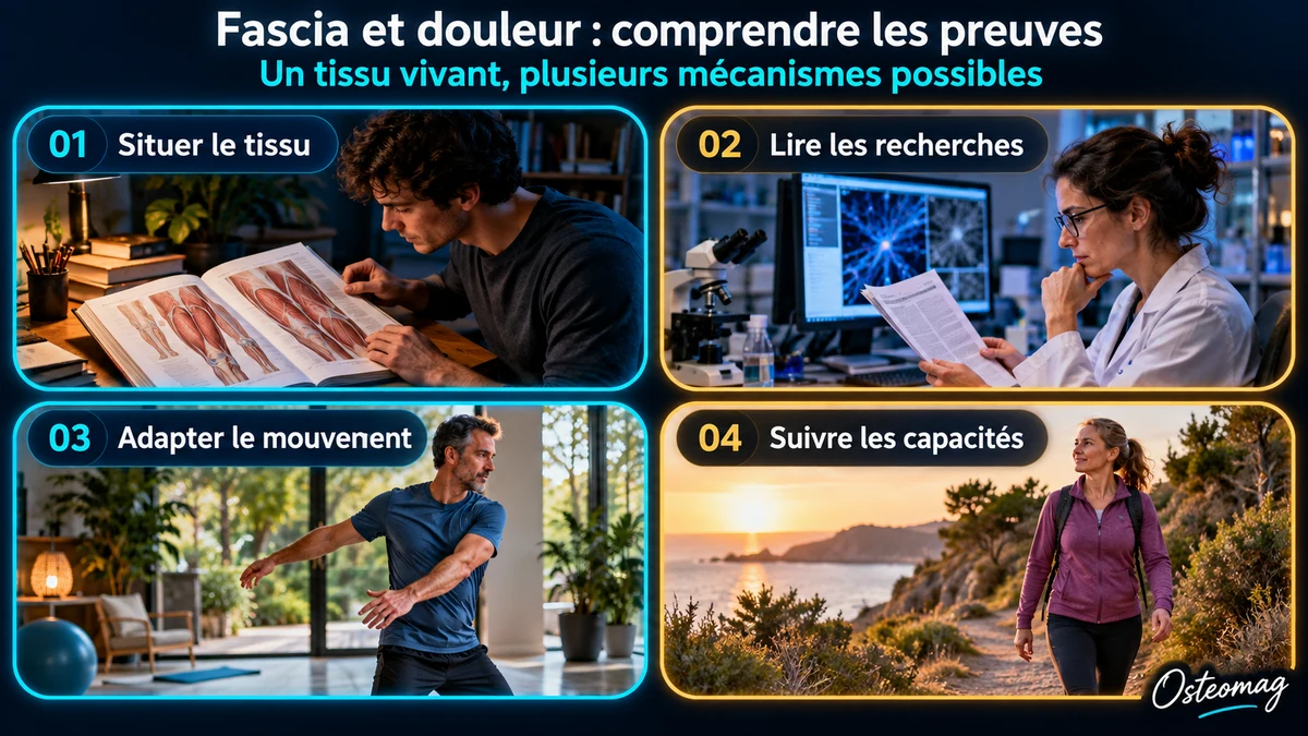 Infographie OsteoMag en quatre panneaux : fascia, glissement tissulaire, mécanotransduction et mouvement.