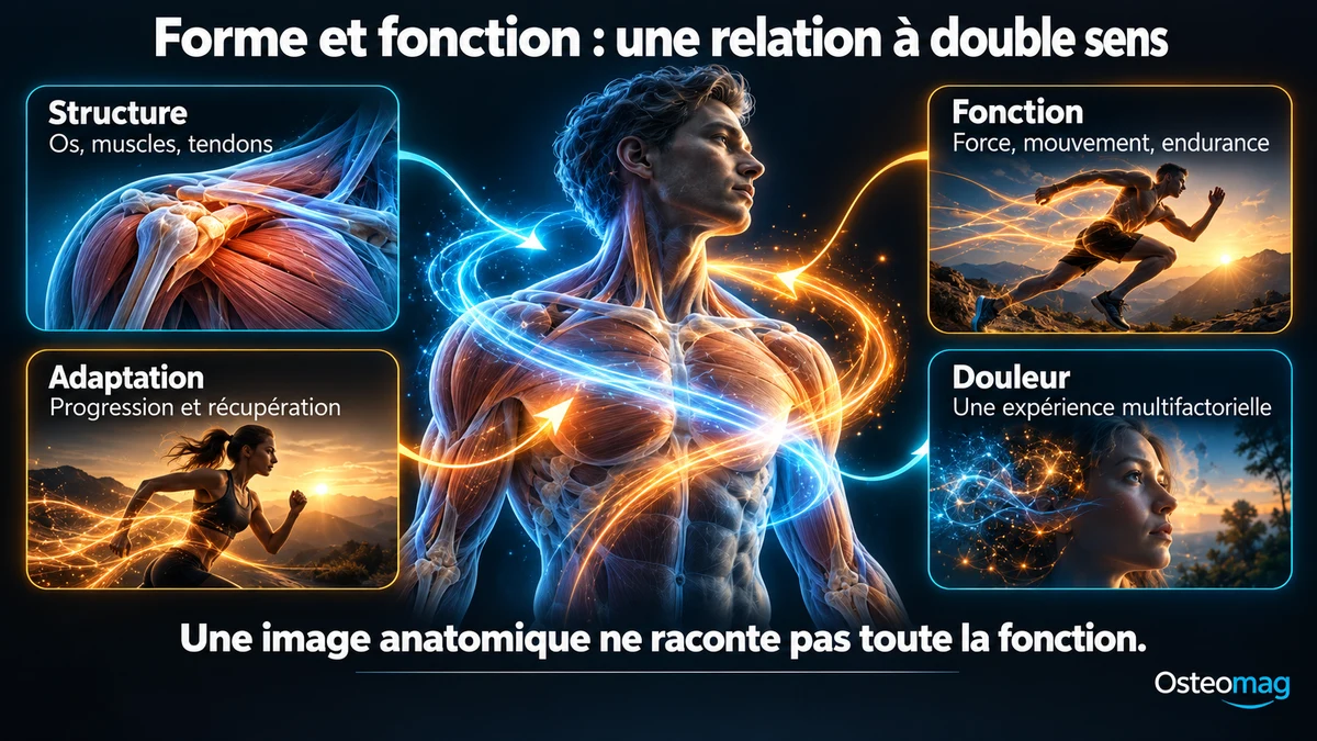 Infographie Osteomag en quatre panneaux : structure, fonction, adaptation à l’effort et expérience multifactorielle de la douleur.