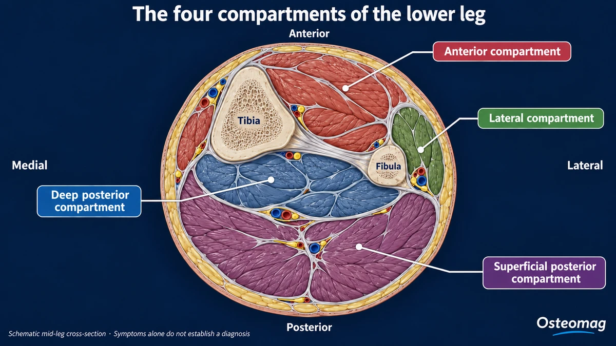 Schematic cross-section of the lower leg showing the tibia, fibula and anterior, lateral, deep posterior and superficial posterior compartments.