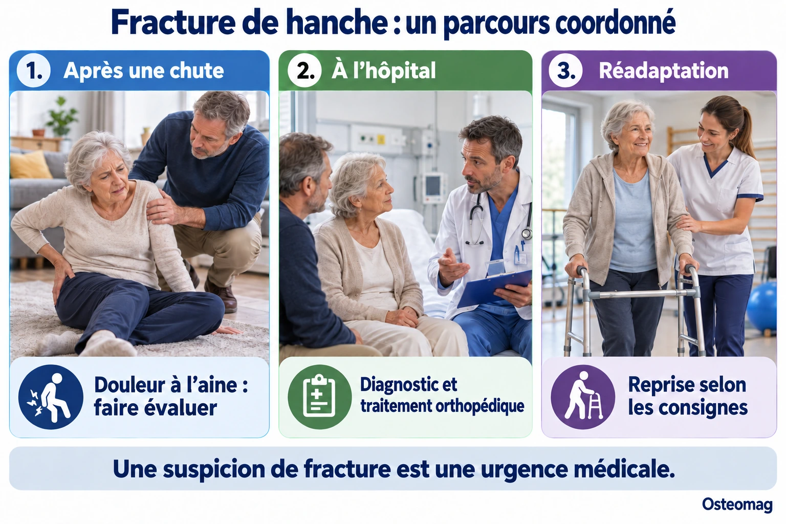 Infographie Osteomag : après une chute, évaluation à l’hôpital puis réadaptation selon les consignes de l’équipe.