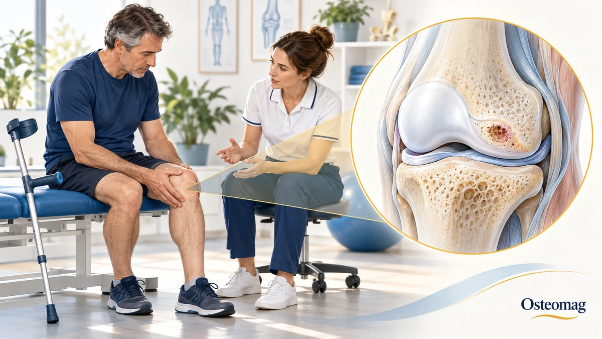 Personne consultant pour une douleur du genou et illustration d’une lésion osseuse sous le cartilage.