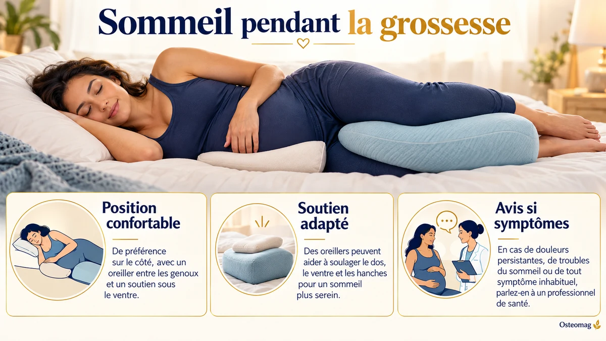 Personne enceinte reposant sur le côté avec un coussin entre les jambes et un soutien abdominal facultatif.