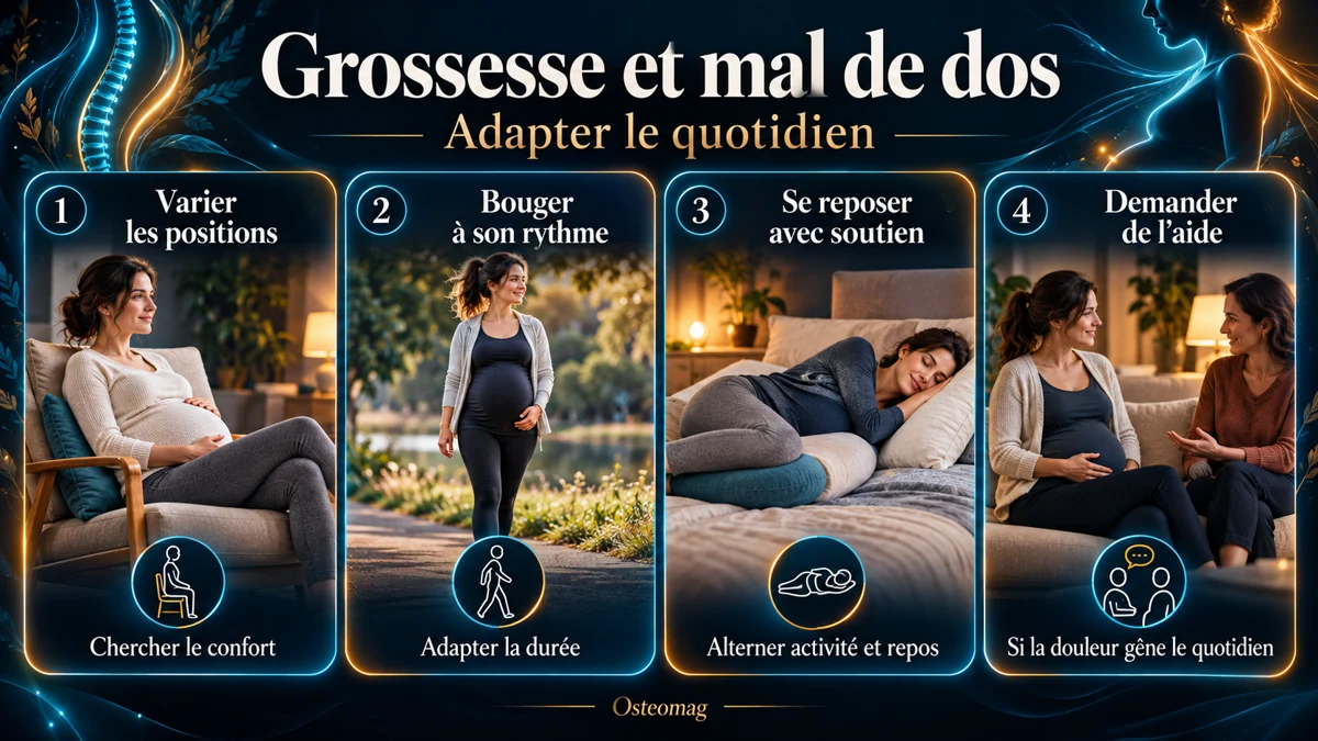 Quatre conseils illustrés pour le confort pendant la grossesse : varier les positions, bouger à son rythme, se reposer avec soutien et demander de l’aide.