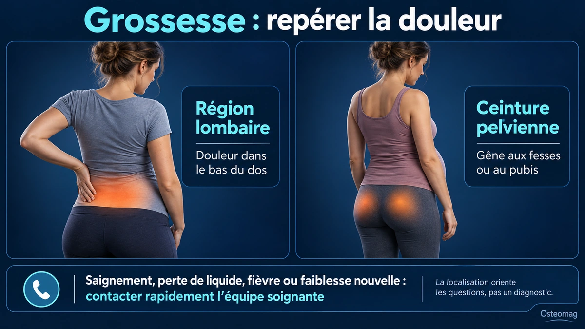 Grossesse : régions lombaire et pelvienne illustrées et signes nécessitant un contact rapide avec l’équipe soignante.