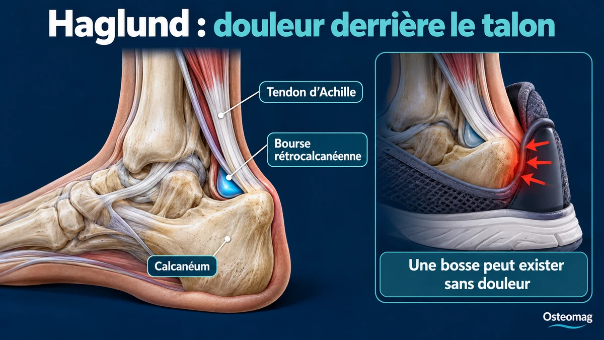 Calcanéum, tendon d’Achille et bourse rétrocalcanéenne dans une douleur postérieure du talon.