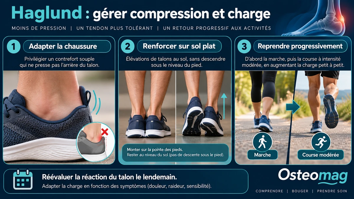 Adapter la chaussure, renforcer sur sol plat et reprendre les activités progressivement dans une douleur de Haglund.