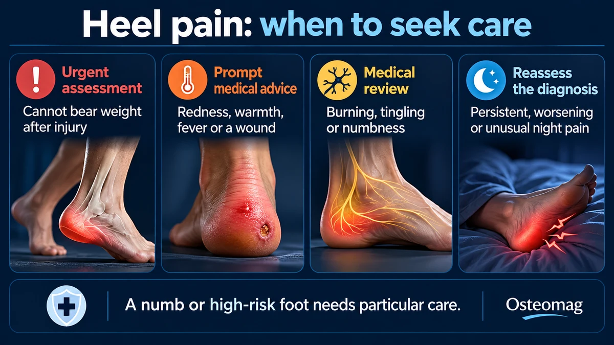 Heel pain warning signs: inability to bear weight, redness, fever, a wound, nerve symptoms and persistent unusual pain.